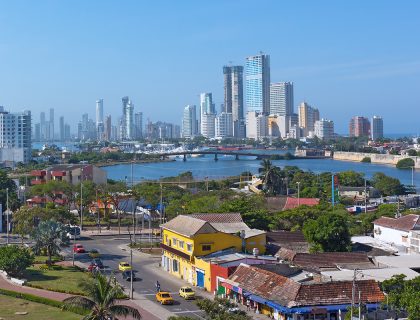 A view on historic and modern Cartagena de Indies of Colombia from San Filipe de Barajas Castle. City panorama and waters of Caribbean Sea on a beautiful morning.